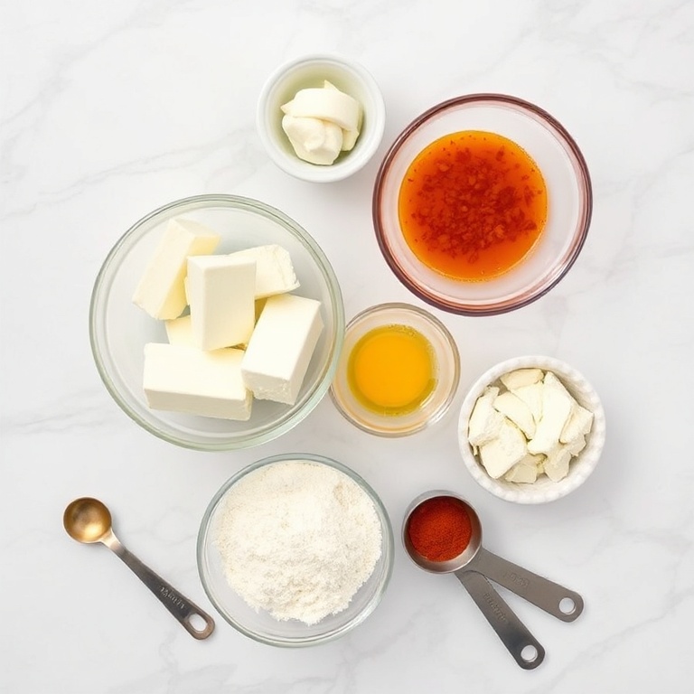 Raw ingredients for Crispy Keto Cottage Cheese Chips: cottage cheese, eggs, flour, paprika, and cheese. Measuring cups and bowls in a white marble surface.