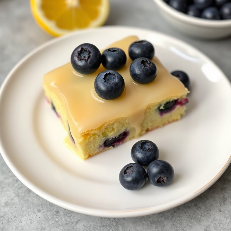 Perfect plated serving of lemon blueberry shortbread bars. Topped with a lemon glaze and fresh blueberries. White porcelain plate with warm side lighting showing texture.