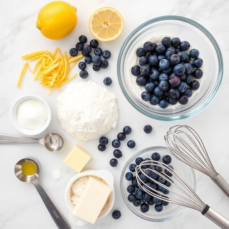 Overhead flat lay of lemon zest, blueberries, flour, sugar, butter, and lemon juice. Measuring spoons, a mixing bowl, and a whisk visible. Bright even light on white marble surface.