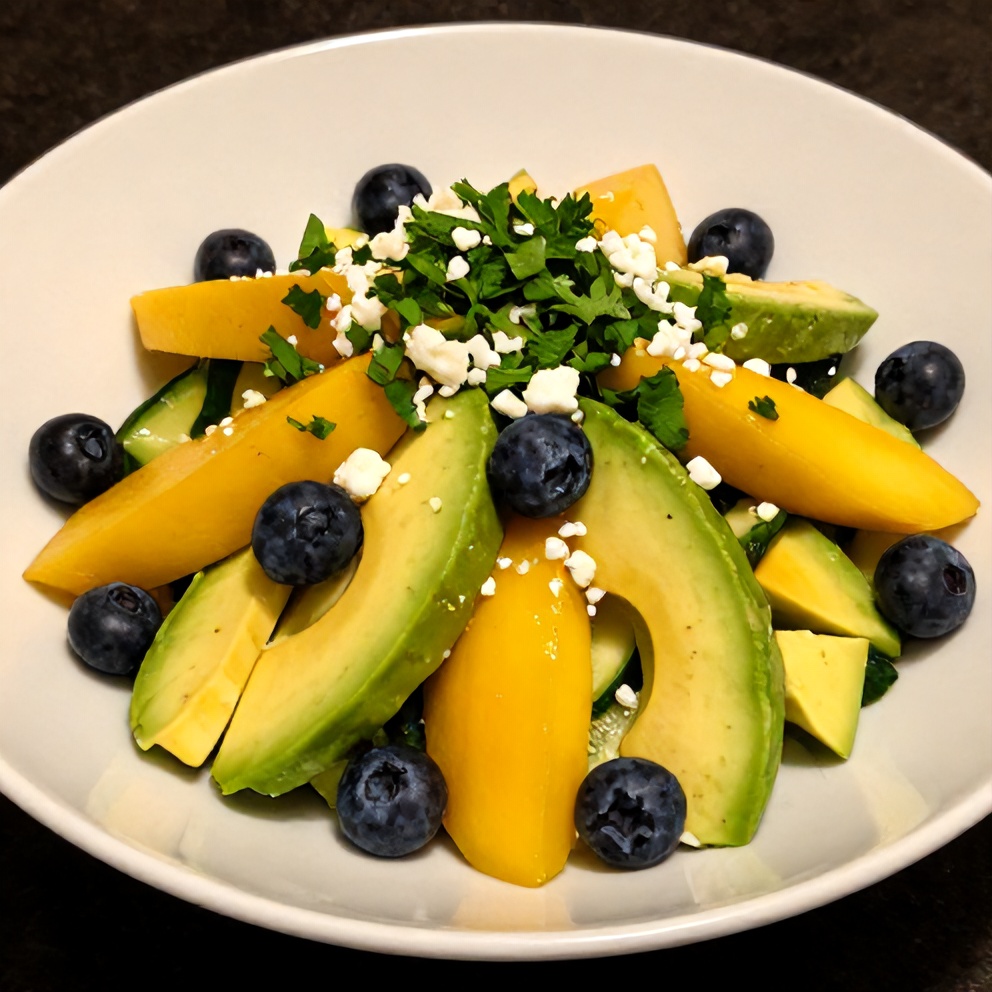 Plated serving of Crispy Mango Cucumber Salad with Blueberries and Avocado