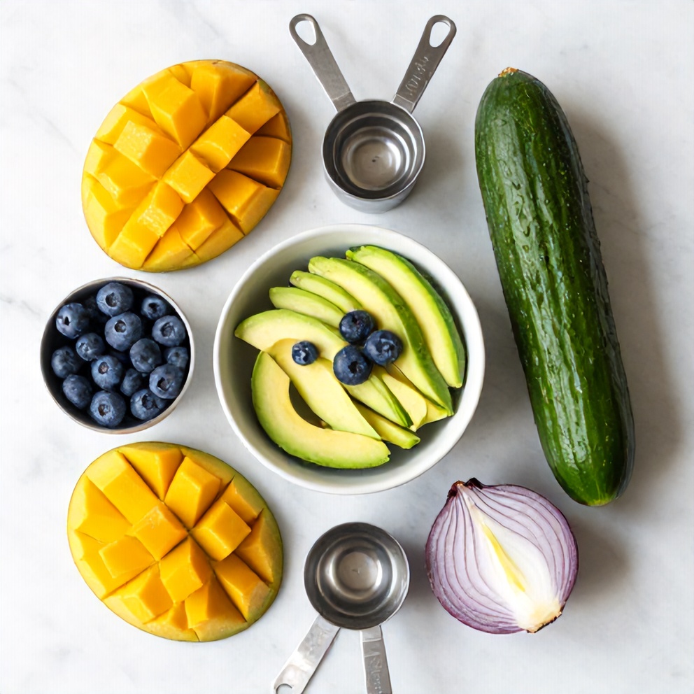 Raw ingredients for Mango Cucumber Salad with Blueberries and Avocado