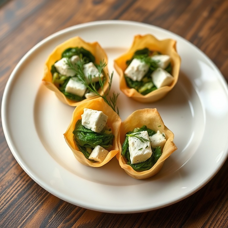 Perfectly plated phyllo bites with feta, spinach, and dill. Served on a white ceramic plate. Warm lighting highlights texture. Photorealistic food photography.