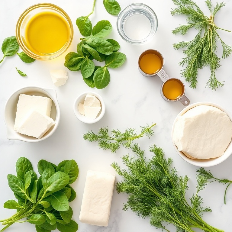 Overhead flat lay of spinach, feta cheese, phyllo dough, olive oil, and dill. Measuring cups and bowls visible. White marble surface. Bright natural light.