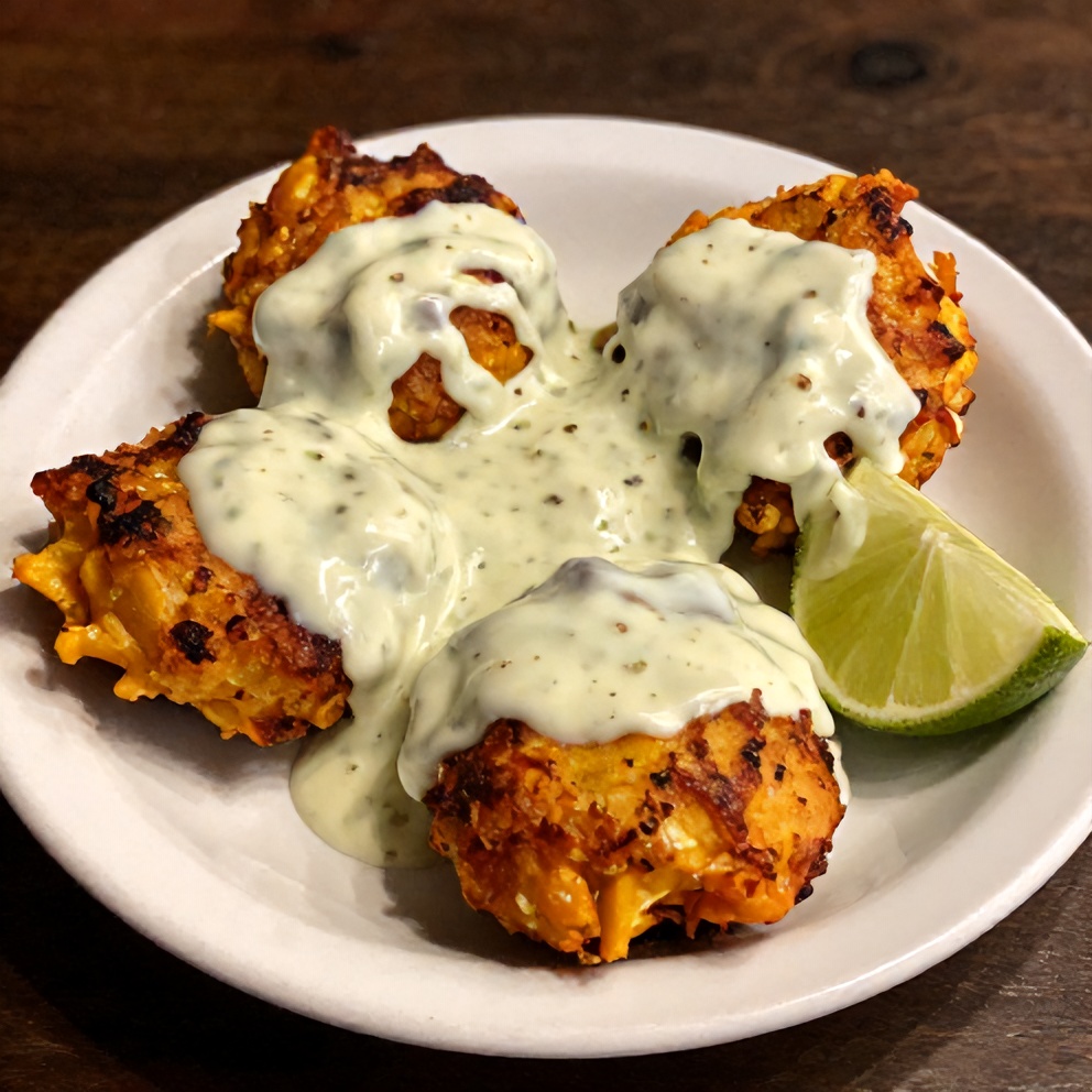 Plated Mexican Street Corn Fritters with Spicy Lime Sauce