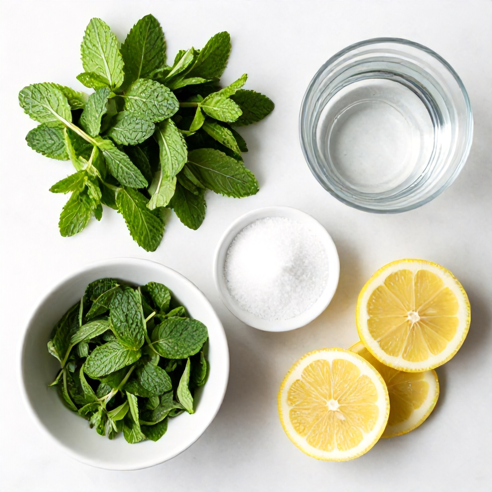Mint leaves, lemon verbena, sugar, water, lemon slices