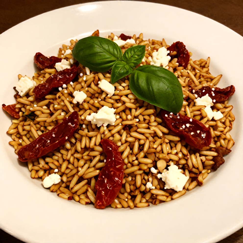 Crispy Orzo Salad with Sun-Dried Tomatoes and Feta