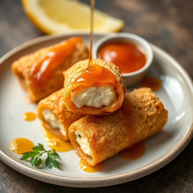 Crispy Oven Fried Feta Rolls with Spicy Chili Honey. Perfectly plated with a drizzle of honey.