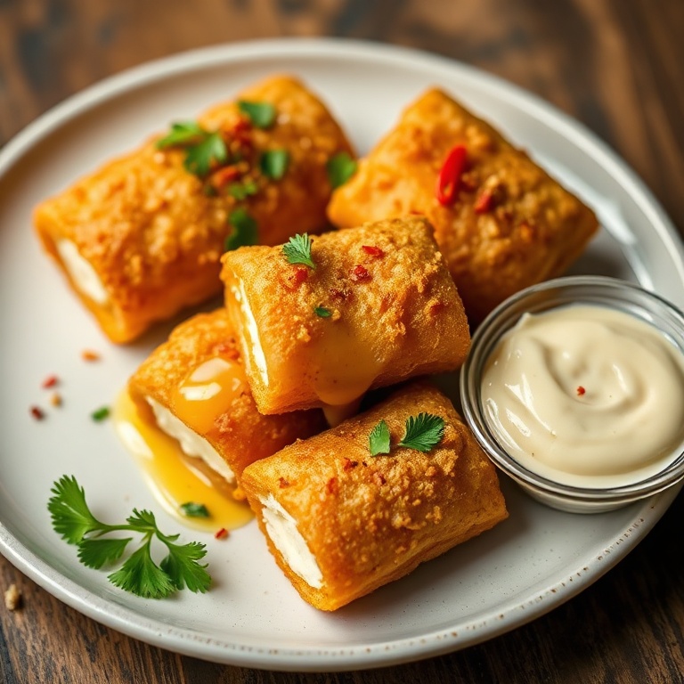 Perfectly plated Crispy Oven-Fried Feta Rolls with a drizzle of spicy honey dip. Garnished with parsley and chili flakes.
