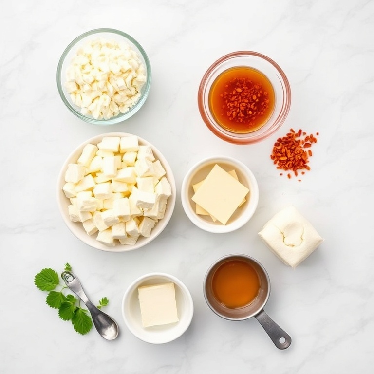 Raw ingredients for Crispy Oven-Fried Feta Rolls. Feta cheese, phyllo dough, honey, chili flakes, and butter arranged in a clean flat lay.