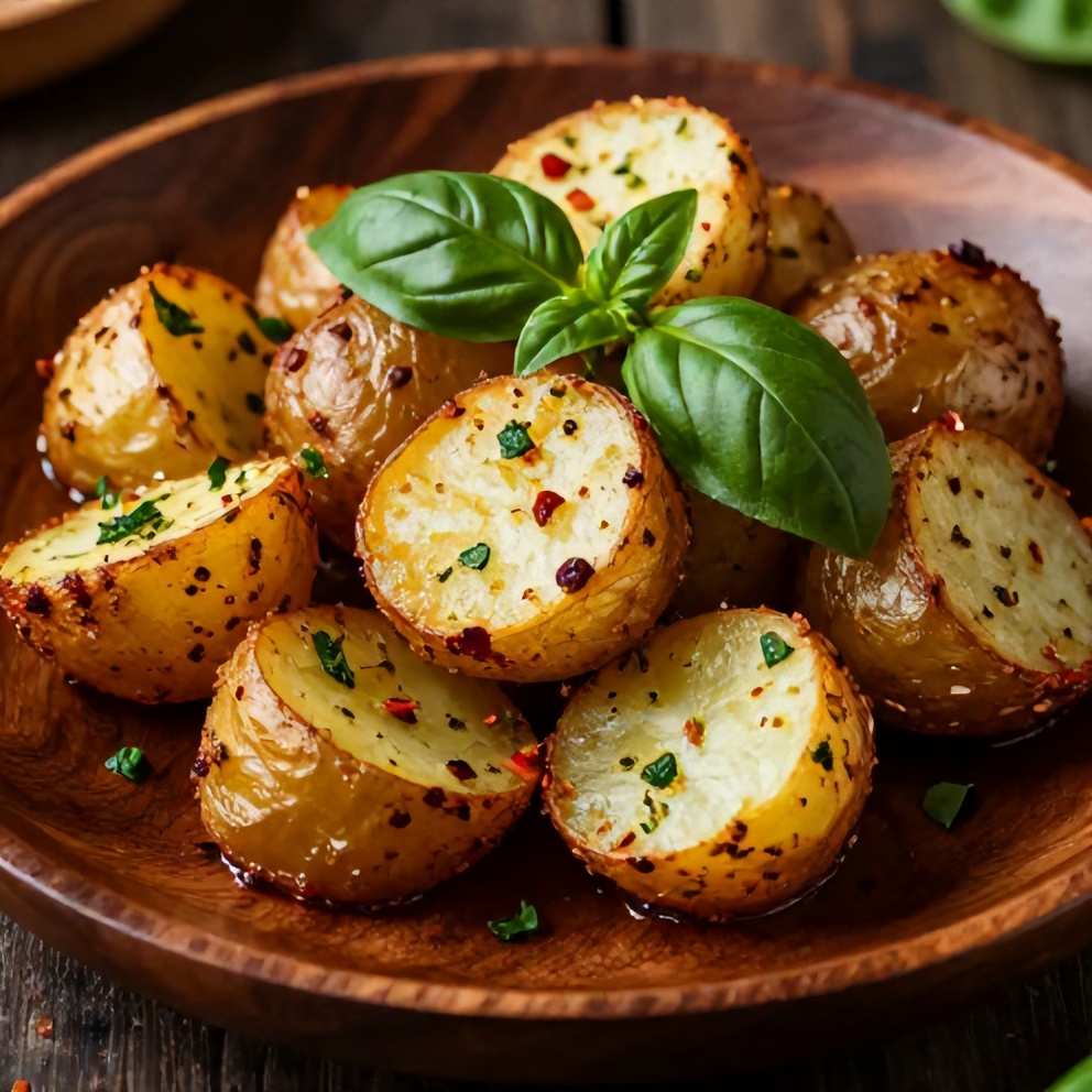 Final dish of Crispy Parmesan Pesto Roasted Potatoes