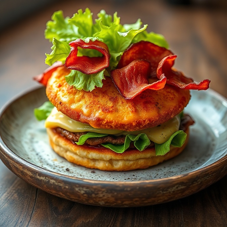 Crispy Patty Melt on a rustic plate. Garnished with crispy bacon and fresh lettuce. Close crop showing texture. Warm side lighting. Photorealistic food photography.