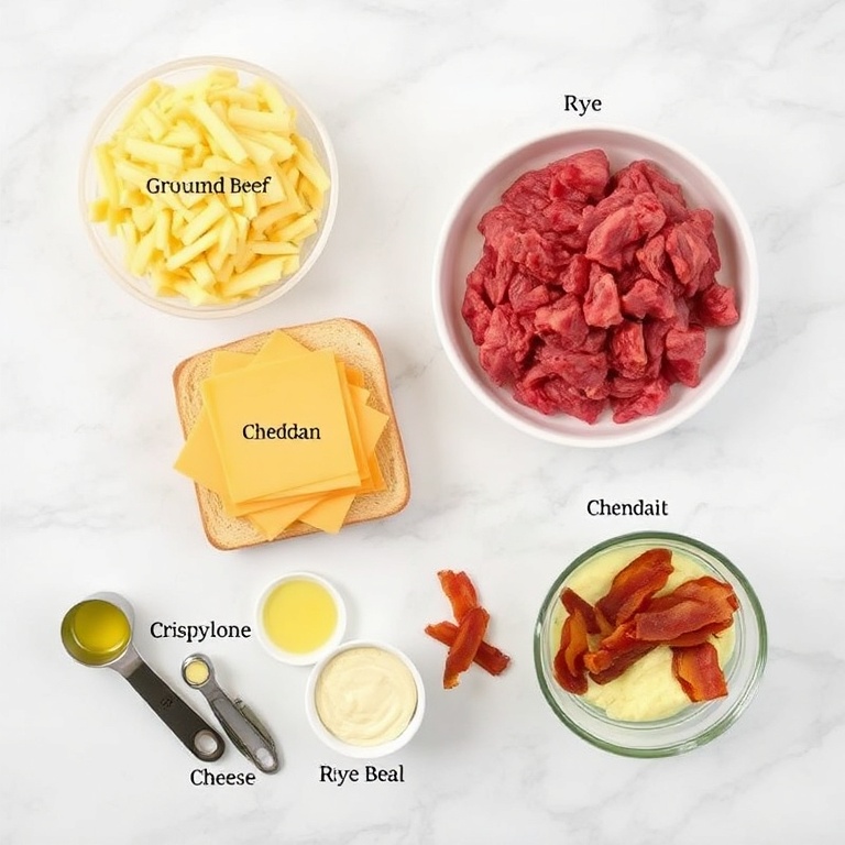 Raw ingredients for Crispy Patty Melt: ground beef, rye bread, cheddar cheese, provolone cheese, crispy bacon, and garlic aioli. Overhead flat lay on white marble surface. Measuring spoons and bowls visible.