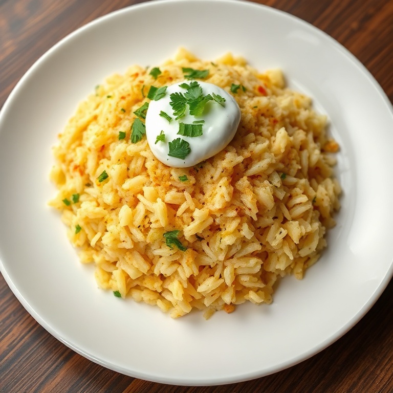 Plated crispy Persian rice with potato tahdig. Topped with fresh herbs and a drizzle of yogurt. White ceramic plate. Warm lighting. Photorealistic food photography. No text. No watermark.