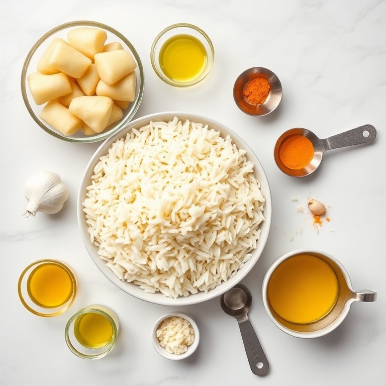 Raw ingredients for crispy Persian rice with potato tahdig. Basmati rice, potatoes, garlic, turmeric, and oil. Measuring bowls, spoons, and cups. White marble surface. Bright even light. Photorealistic overhead food photography. No text. No watermark.