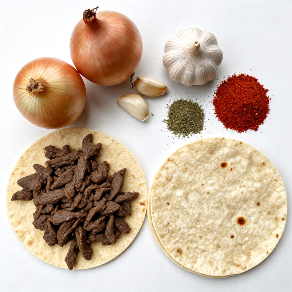Raw ingredients for Pot Birria Tacos: beef, onions, garlic, spices, and tortillas