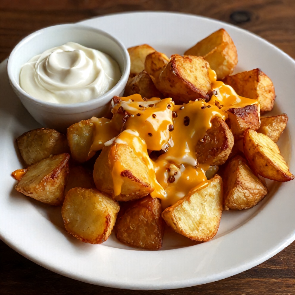 Plated crispy ranch potatoes with a side of sour cream
