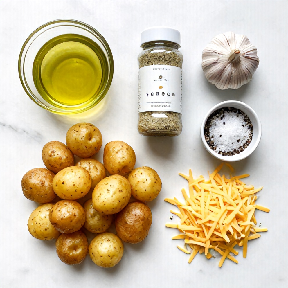 Raw ingredients for crispy ranch potatoes: potatoes, olive oil, ranch seasoning, garlic, salt, pepper, and shredded cheese