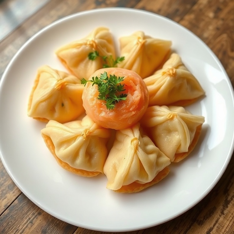 Plated crab rangoons with garnish. Crispy edges and juicy center. Plate shown clearly. Warm light highlights texture.