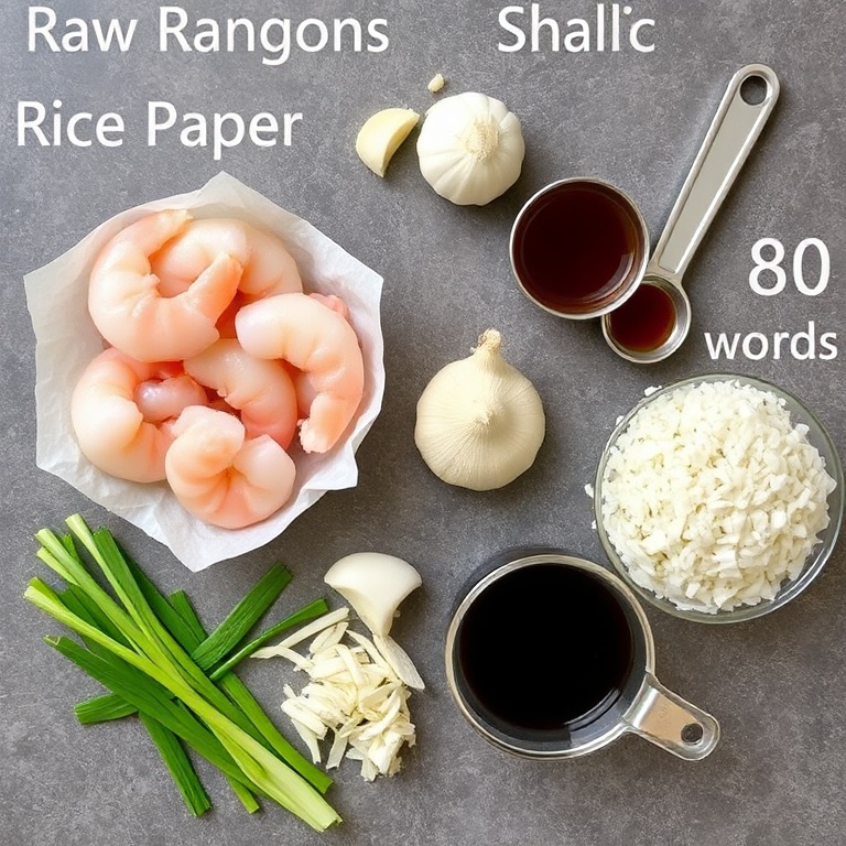 Raw ingredients for crab rangoons. Shrimp, rice paper, garlic, scallions, and soy sauce arranged in an overhead flat lay. Measuring tools visible.