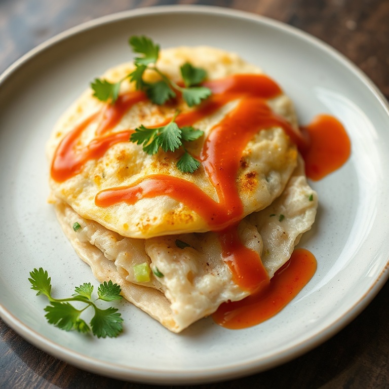 Perfectly plated rice paper scallion pancake with a chili-garlic sauce drizzle, garnished with cilantro, close-up of the plate, warm side lighting highlighting texture