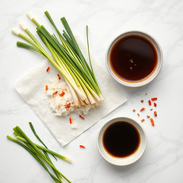 Overhead flat lay of rice paper, scallions, chili flakes, soy sauce, and sesame oil, white marble surface, bright even light, photorealistic overhead food photography style