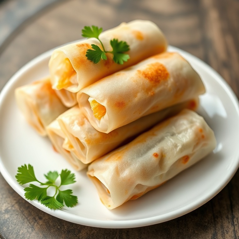 Crispy Rice Paper Spring Rolls on a white plate with cilantro garnish, close crop with warm side lighting