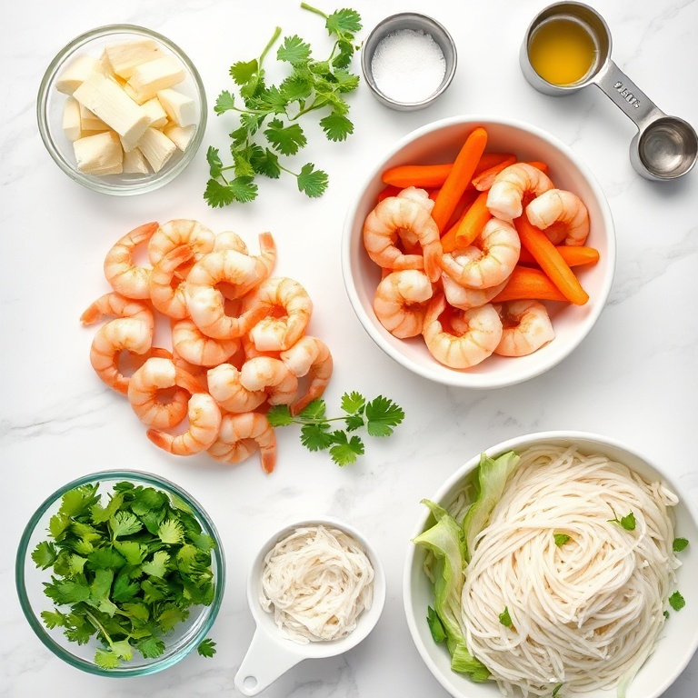 Fresh shrimp, carrots, lettuce, rice noodles, and vermicelli arranged in an overhead flat lay with measuring tools and bowls