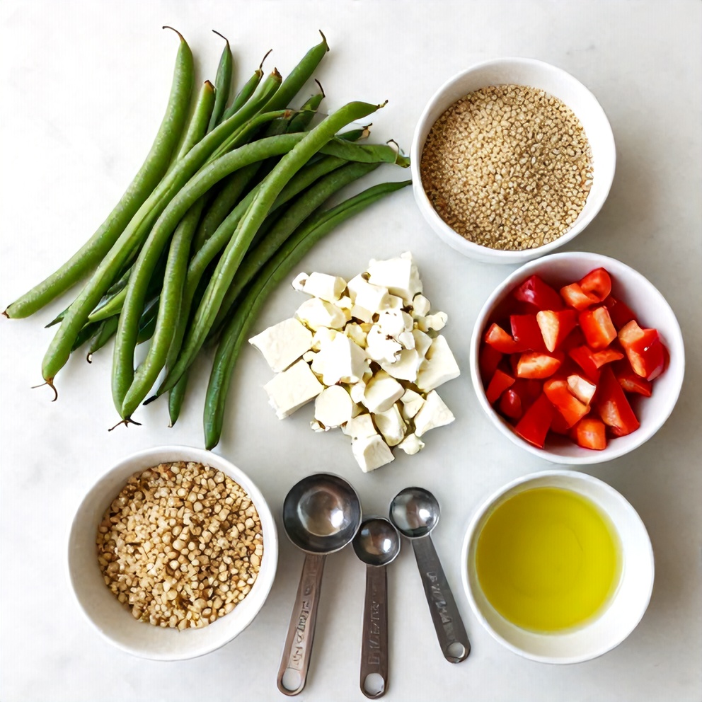 Raw ingredients for Roasted Green Bean Quinoa Salad