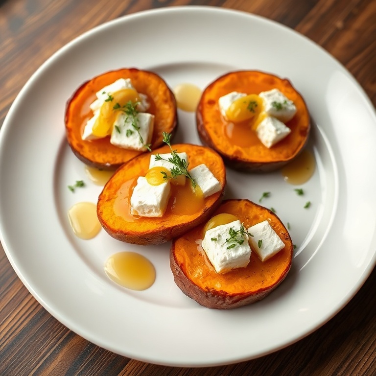 Perfectly plated sweet potato rounds with feta and honey. Garnished with fresh thyme. White ceramic plate. Warm side lighting showing texture. Photorealistic food photography. No text. No watermark.