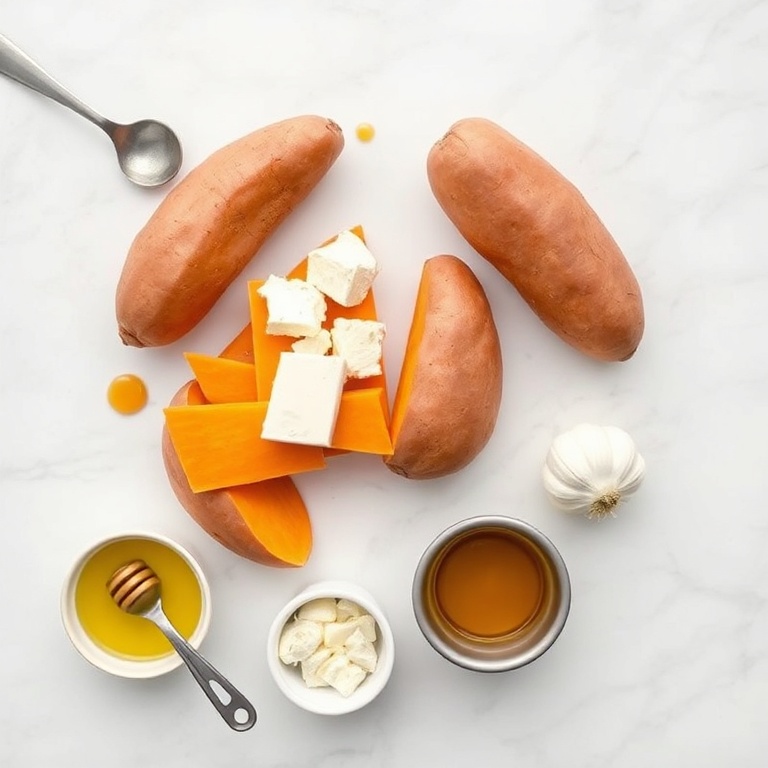 Overhead flat lay of sweet potatoes, feta cheese, honey, olive oil, and garlic. Measuring spoons and bowls visible. White marble surface. Bright even light. Photorealistic overhead food photography. No text. No watermark.
