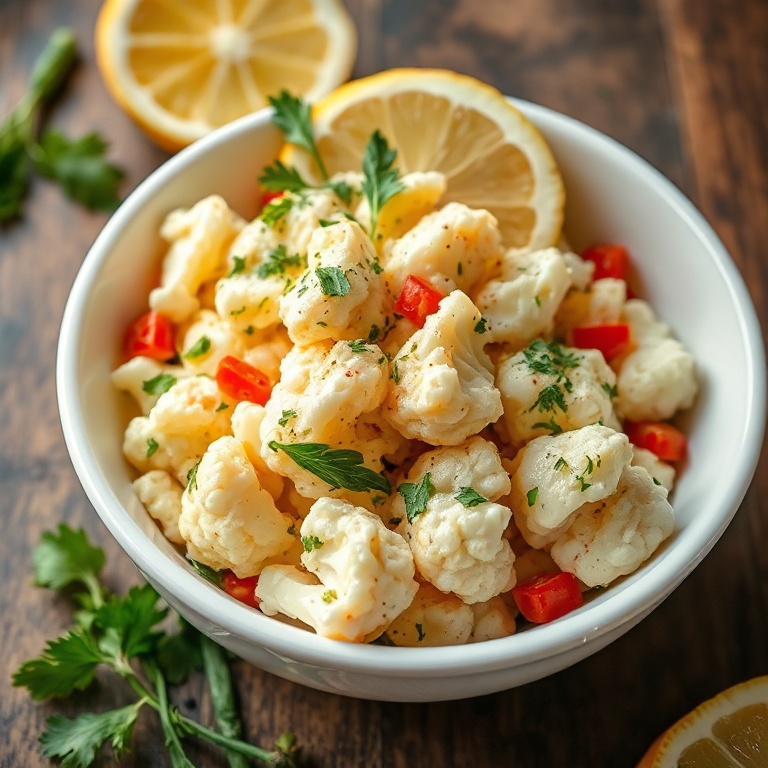 Sicilian cauliflower salad in white bowl, garnished with fresh herbs and lemon