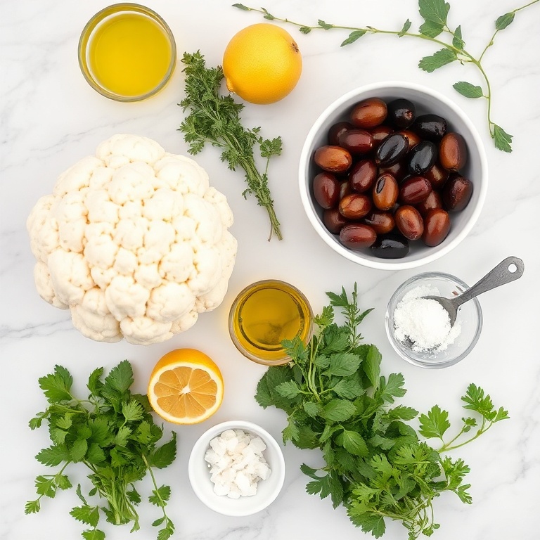 Cauliflower, olives, fresh herbs, olive oil, lemon, garlic, salt