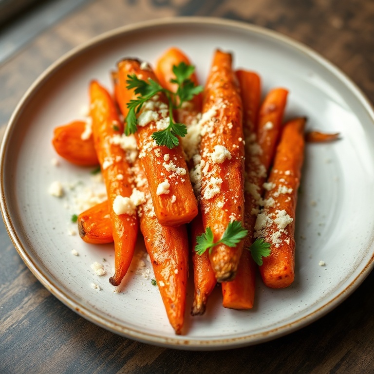 Plated crispy smashed carrots with Parmesan. Garnished with parsley. Close crop. Warm side lighting. Photorealistic food photography.
