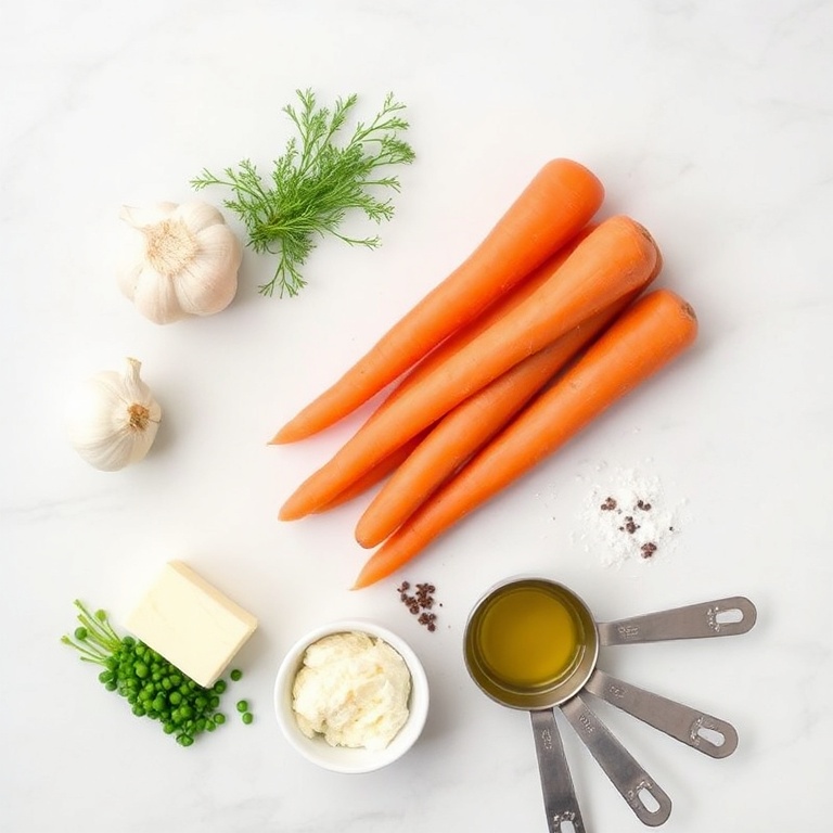Raw carrots, garlic, Parmesan cheese, butter, olive oil, salt, pepper. Overhead flat lay. White marble surface. Measuring cups and spoons visible.