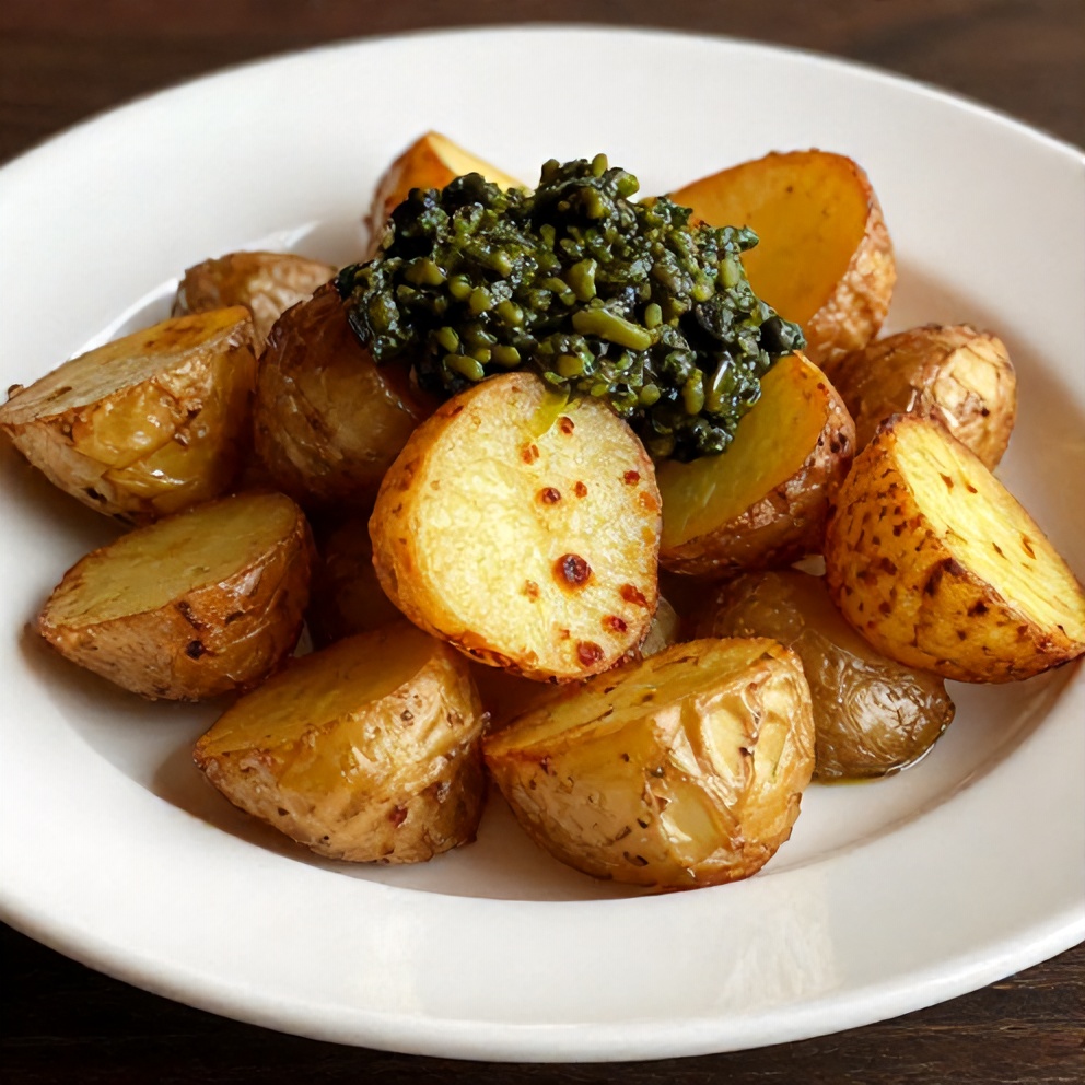 Plated crispy smashed potatoes with olive tapenade
