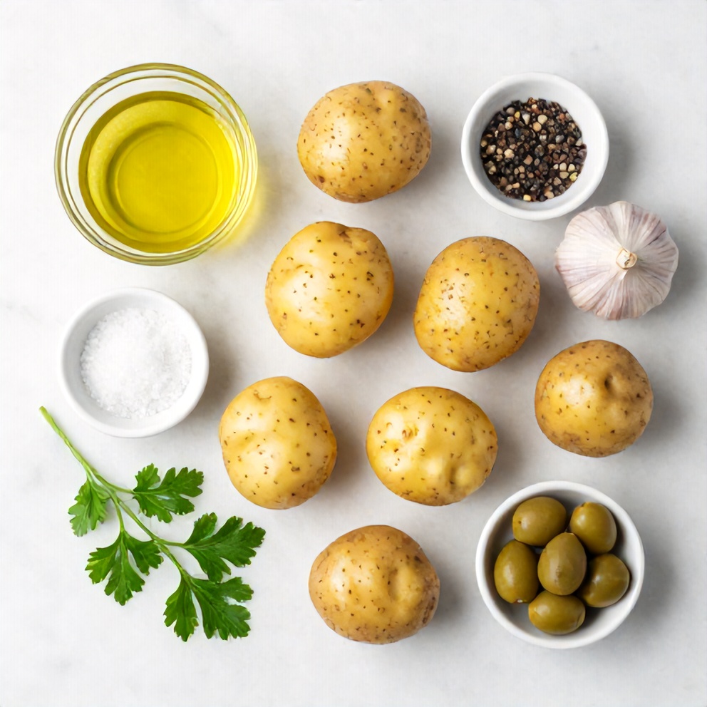 Raw ingredients for crispy smashed potatoes with olive tapenade