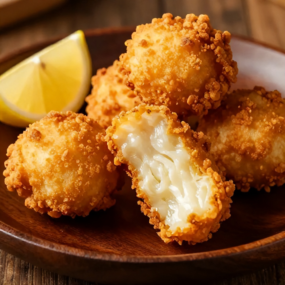 Hushpuppies on a plate with a lemon wedge