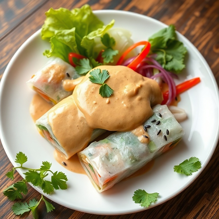 Perfectly plated spring roll salad with creamy peanut dressing. Garnished with cilantro and sesame seeds. White ceramic plate with fresh ingredients around the edge.