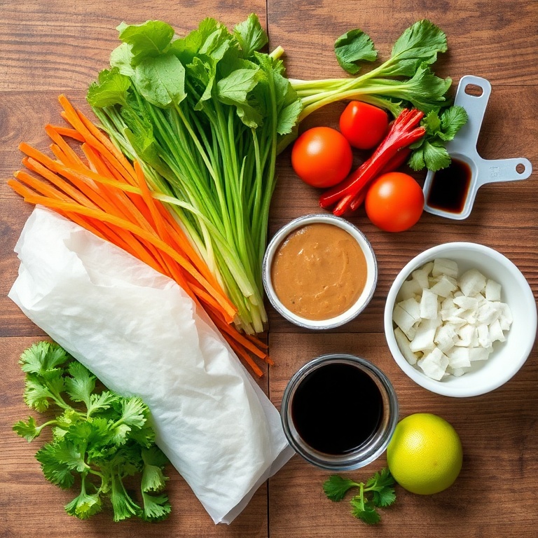 Fresh vegetables, rice paper, peanut butter, soy sauce, and lime for a homemade spring roll salad. Measuring tools and bowls on a wooden surface.