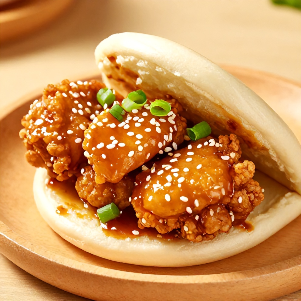Crispy Sticky Chicken Bao Buns on a light wooden plate