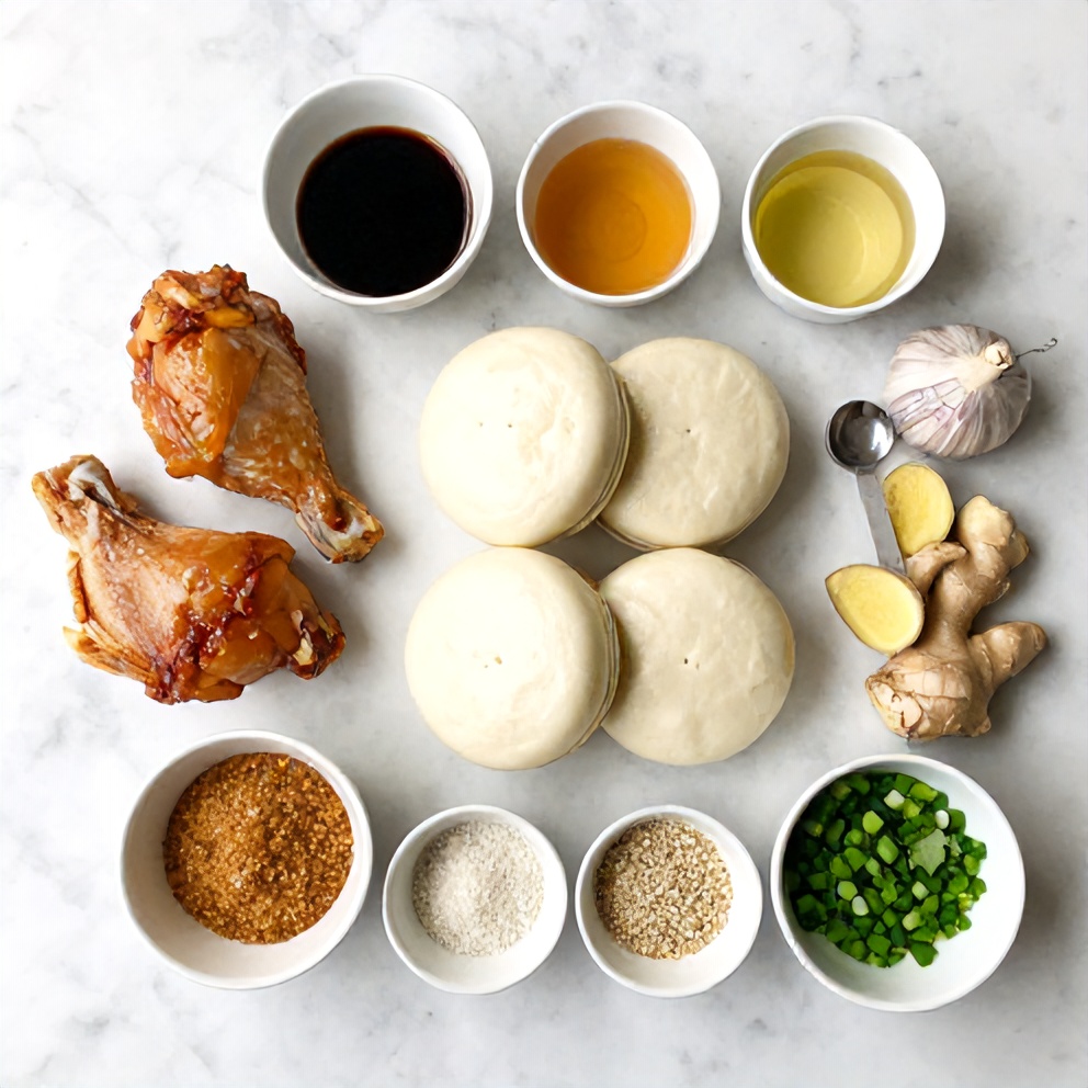 Raw ingredients for Crispy Sticky Chicken Bao Buns on a white marble surface