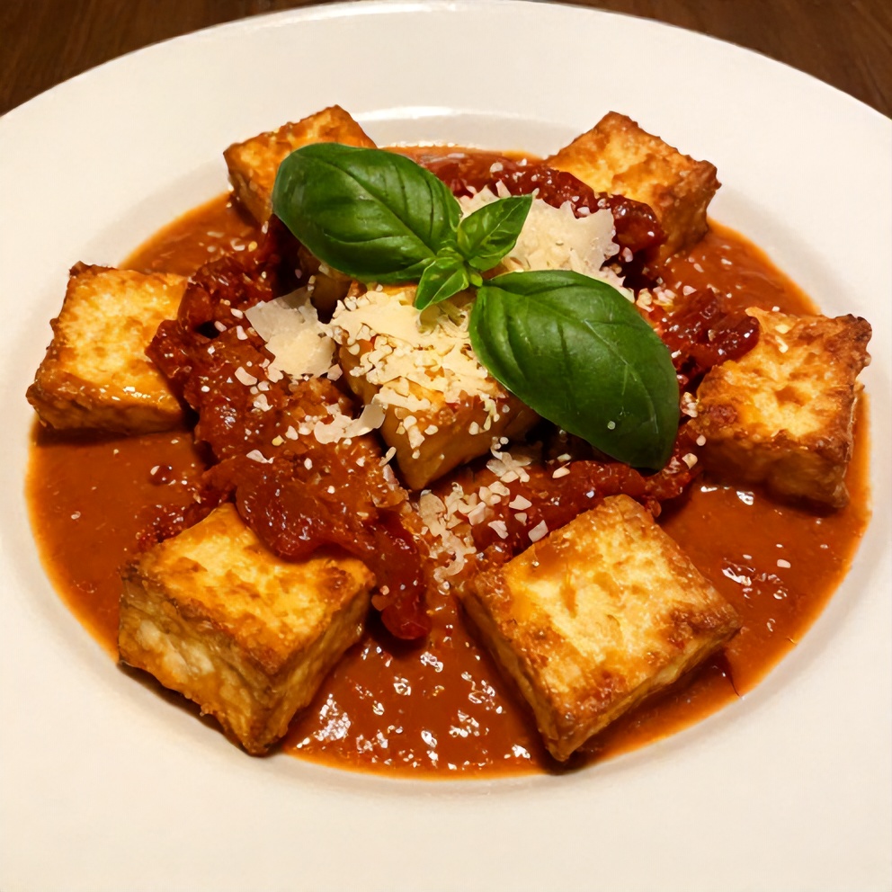 Plated crispy tofu in creamy sun-dried tomato sauce dinner