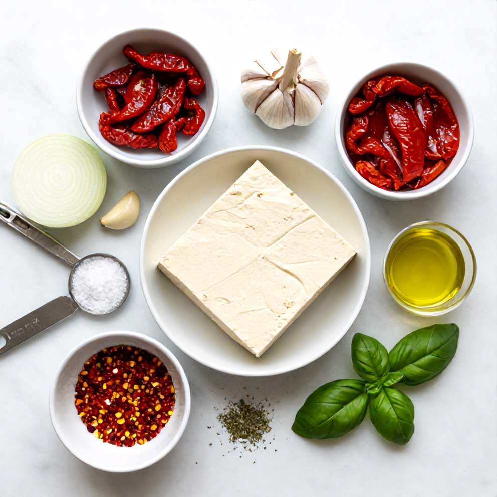 Raw ingredients for crispy tofu in sun-dried tomato sauce