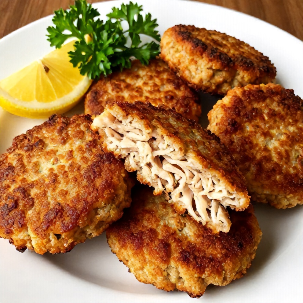 Plated crispy tuna patties with lemon wedge