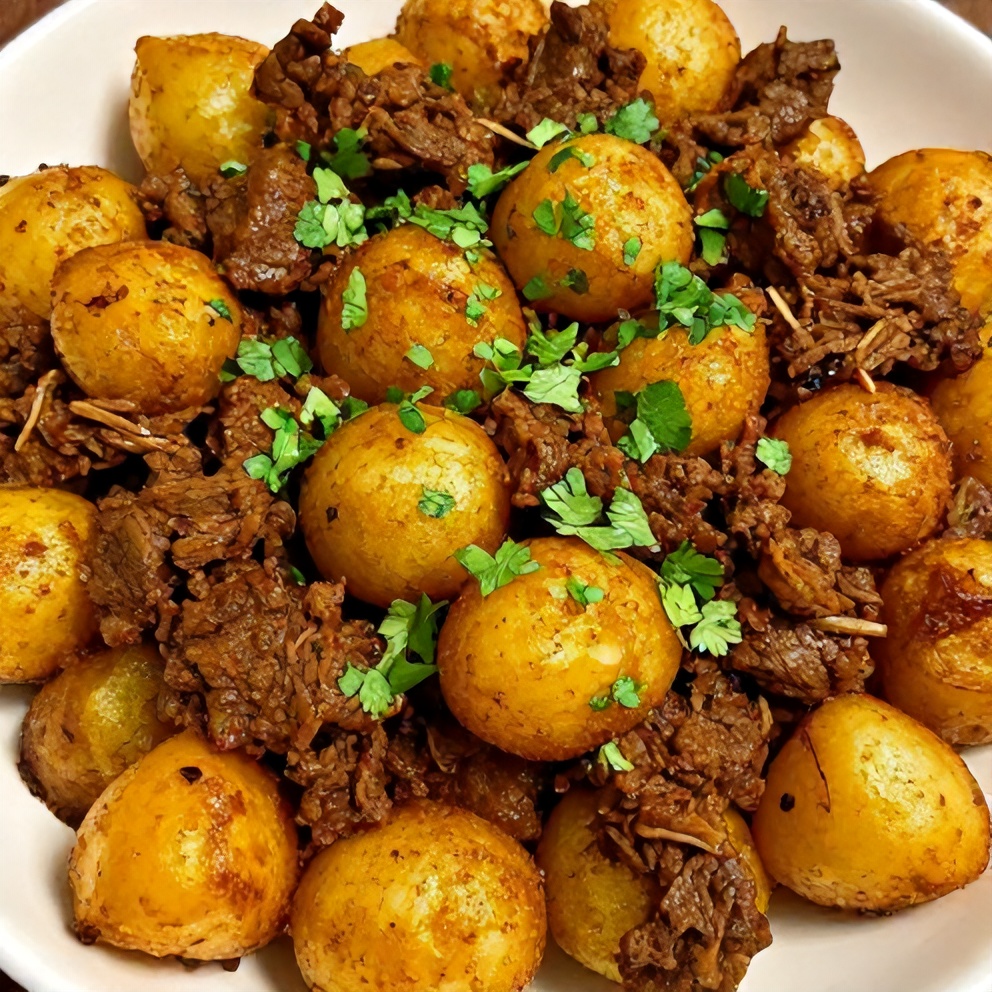 Plated Aloo Keema with garnish of fresh cilantro