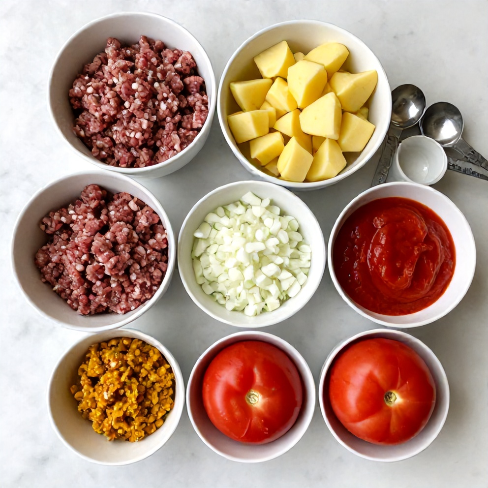 Raw ingredients for Aloo Keema: ground meat, potatoes, onions, tomatoes, spices