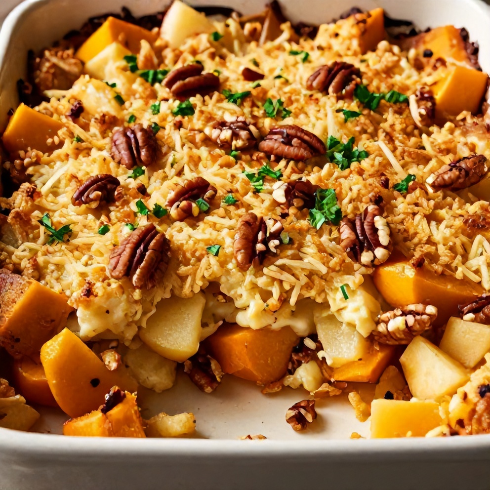 Apple Butternut Squash Casserole served on a rustic plate