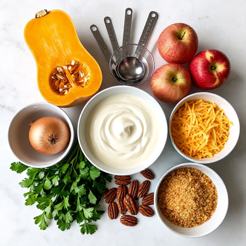 Raw ingredients for Apple Butternut Squash Casserole on a white marble surface