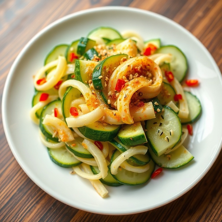 Plated Asian cucumber salad with spicy sesame dressing. Garnished with sesame seeds. White porcelain plate. Close crop. Warm side lighting. No text. No watermark.