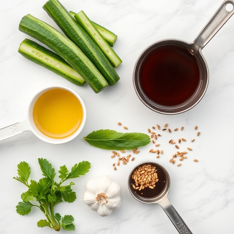 Overhead flat lay of cucumbers, garlic, sesame seeds, soy sauce, and rice vinegar. Measuring cups and spoons visible on a white marble surface. Bright even light. No text. No watermark.
